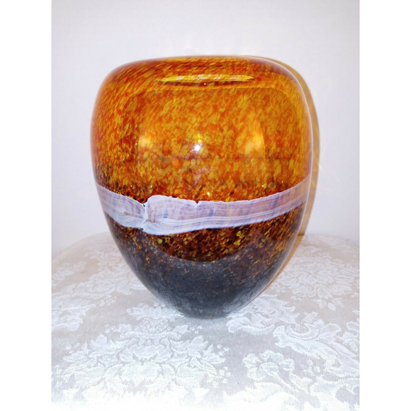 Decorative Speckled Brown, Yellow & Orange with White Band Vase 7" - Picture 1 of 5